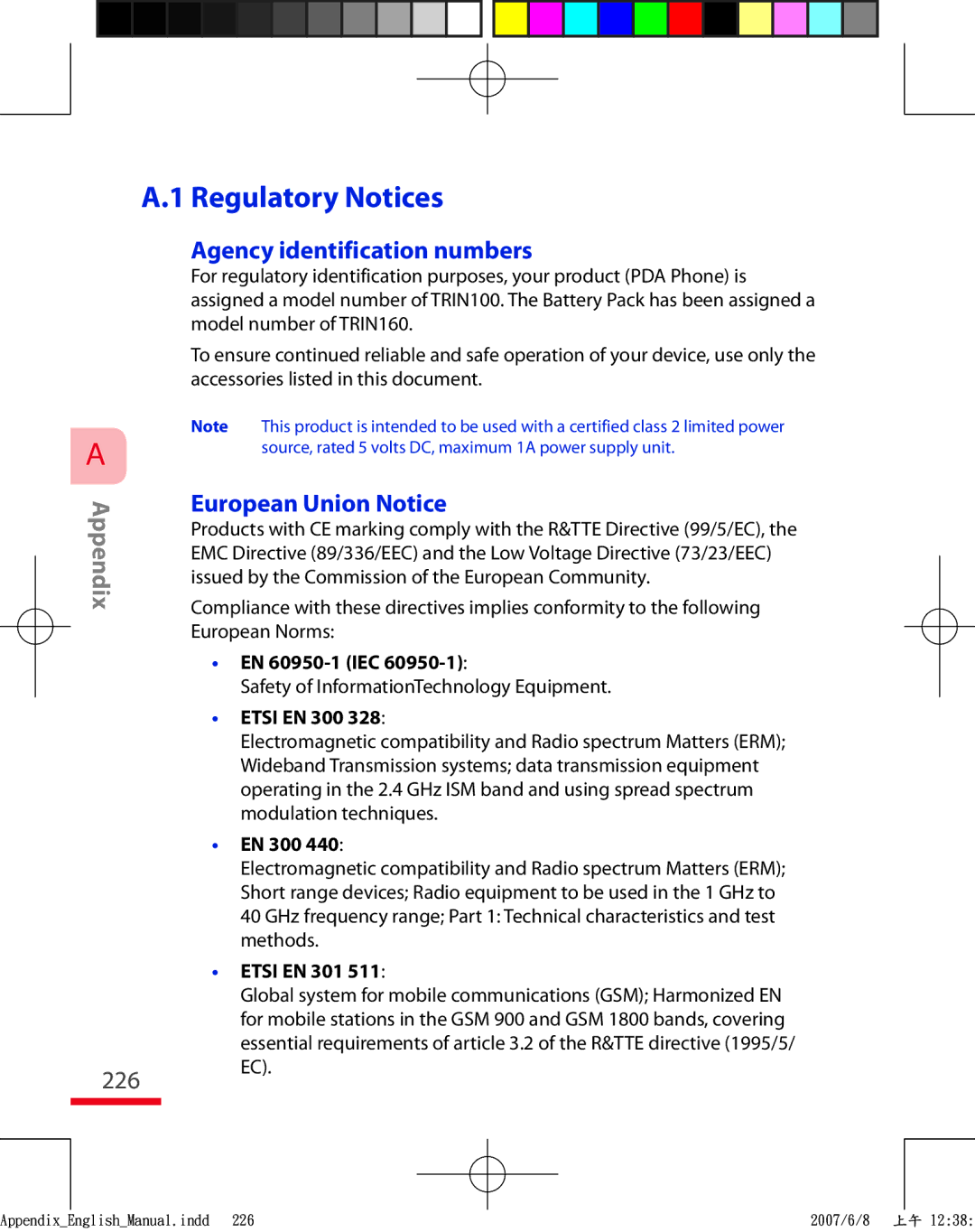 HTC TRIN100 user manual Regulatory Notices, Agency identification numbers, European Union Notice 