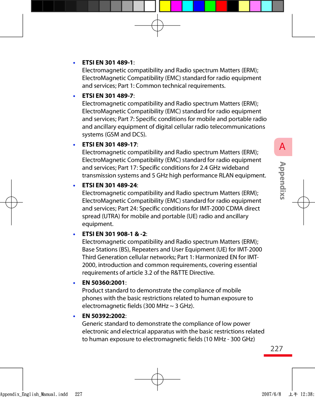 HTC TRIN100 user manual Appendixs, Etsi EN 301 908-1 