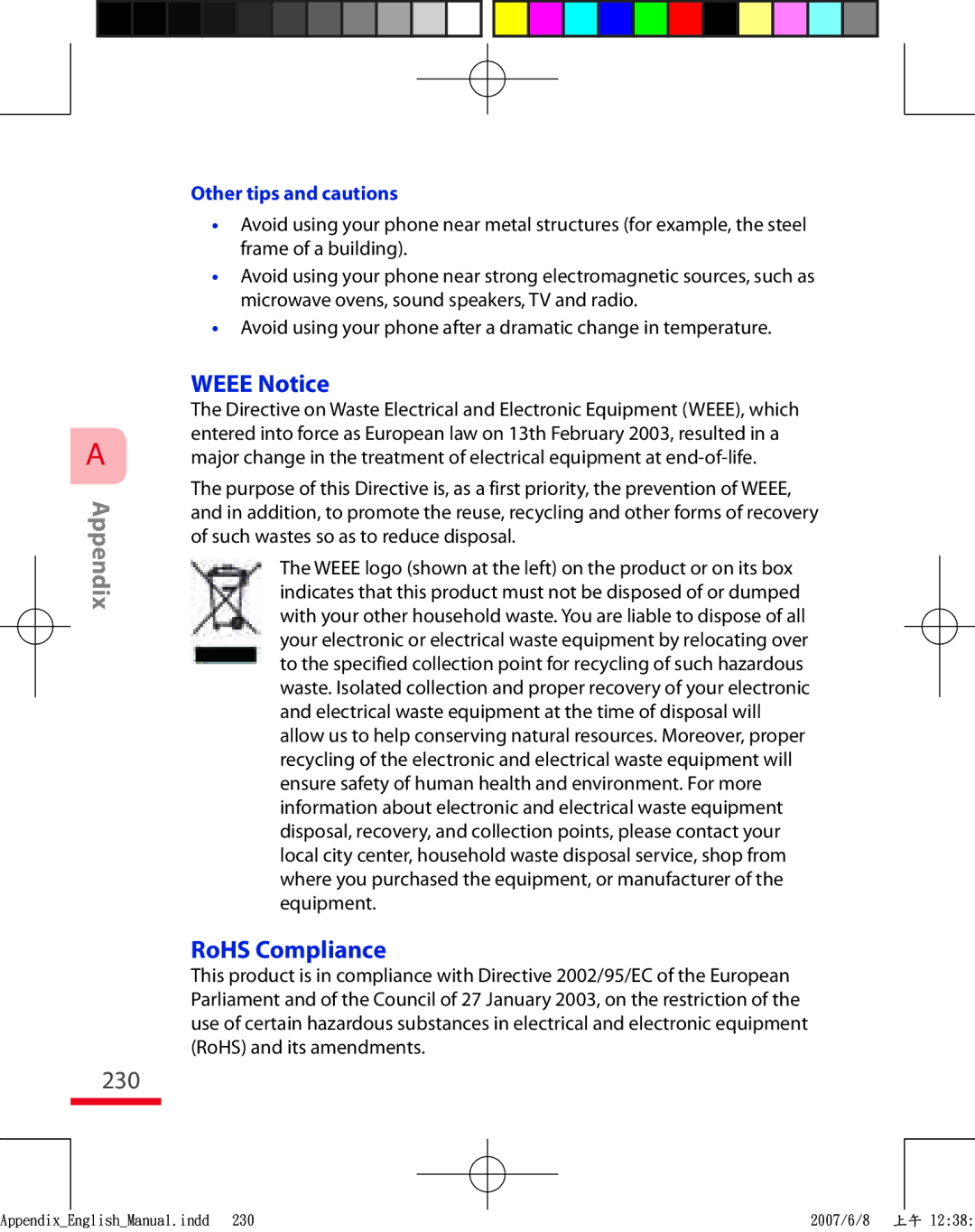 HTC TRIN100 user manual Weee Notice, RoHS Compliance, Other tips and cautions 