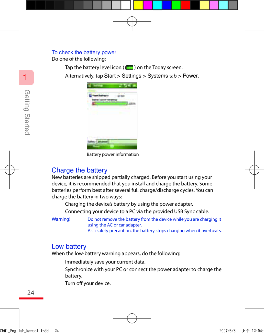 HTC TRIN100 user manual Charge the battery, Low battery, To check the battery power 