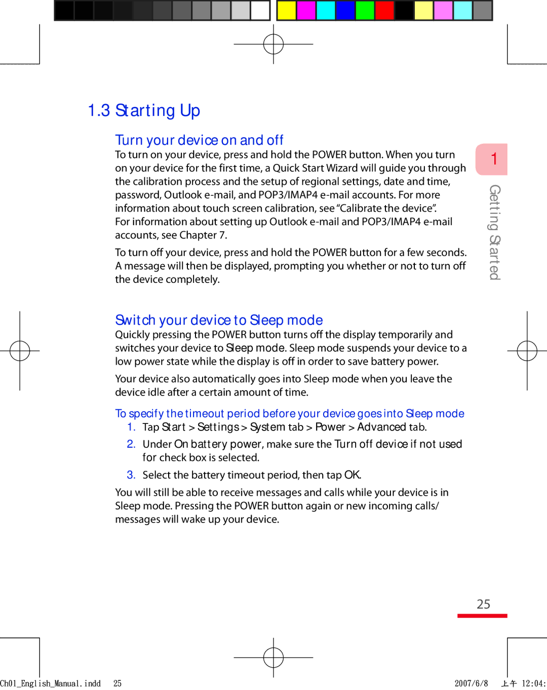 HTC TRIN100 user manual Starting Up, Turn your device on and off, Switch your device to Sleep mode 