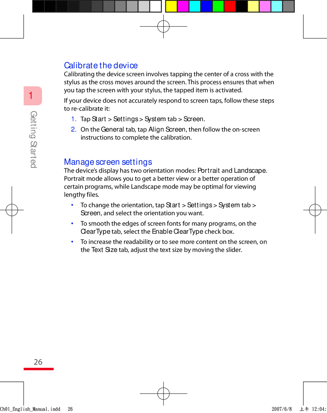 HTC TRIN100 user manual Calibrate the device, Manage screen settings, Tap Start Settings System tab Screen 