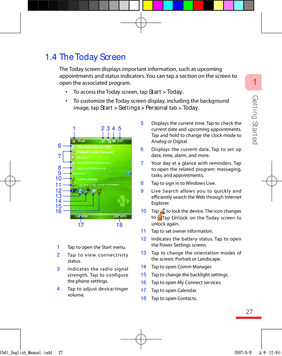 HTC TRIN100 user manual Today Screen, 1718 