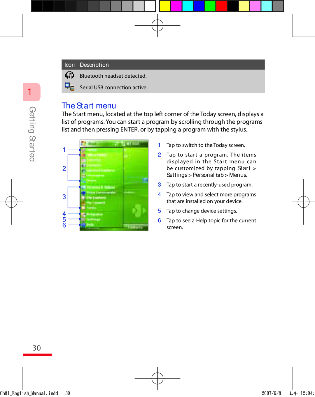 HTC TRIN100 user manual Start menu, Settings Personal tab Menus 