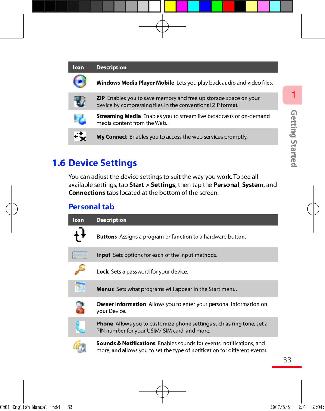 HTC TRIN100 user manual Device Settings, Personal tab 