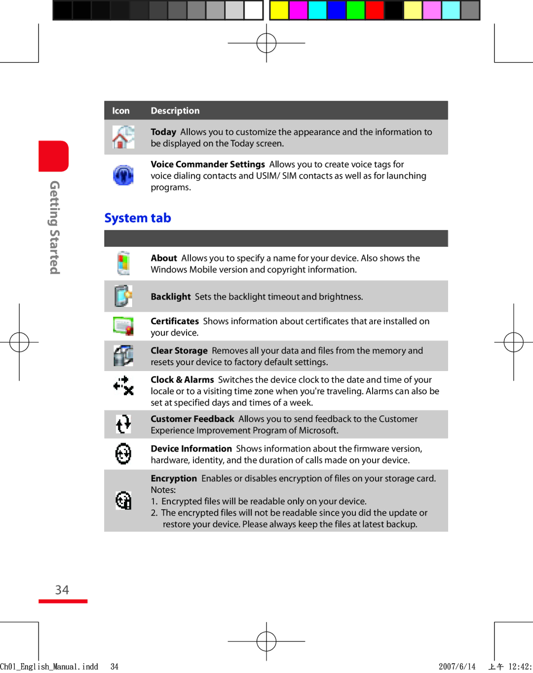 HTC TRIN100 user manual System tab 