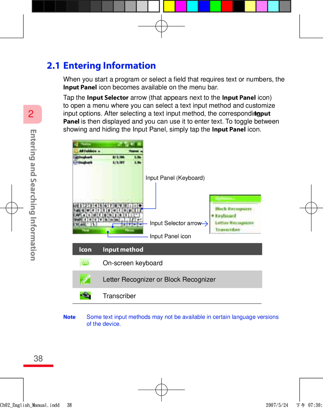 HTC TRIN100 user manual Entering Information, Icon Input method 