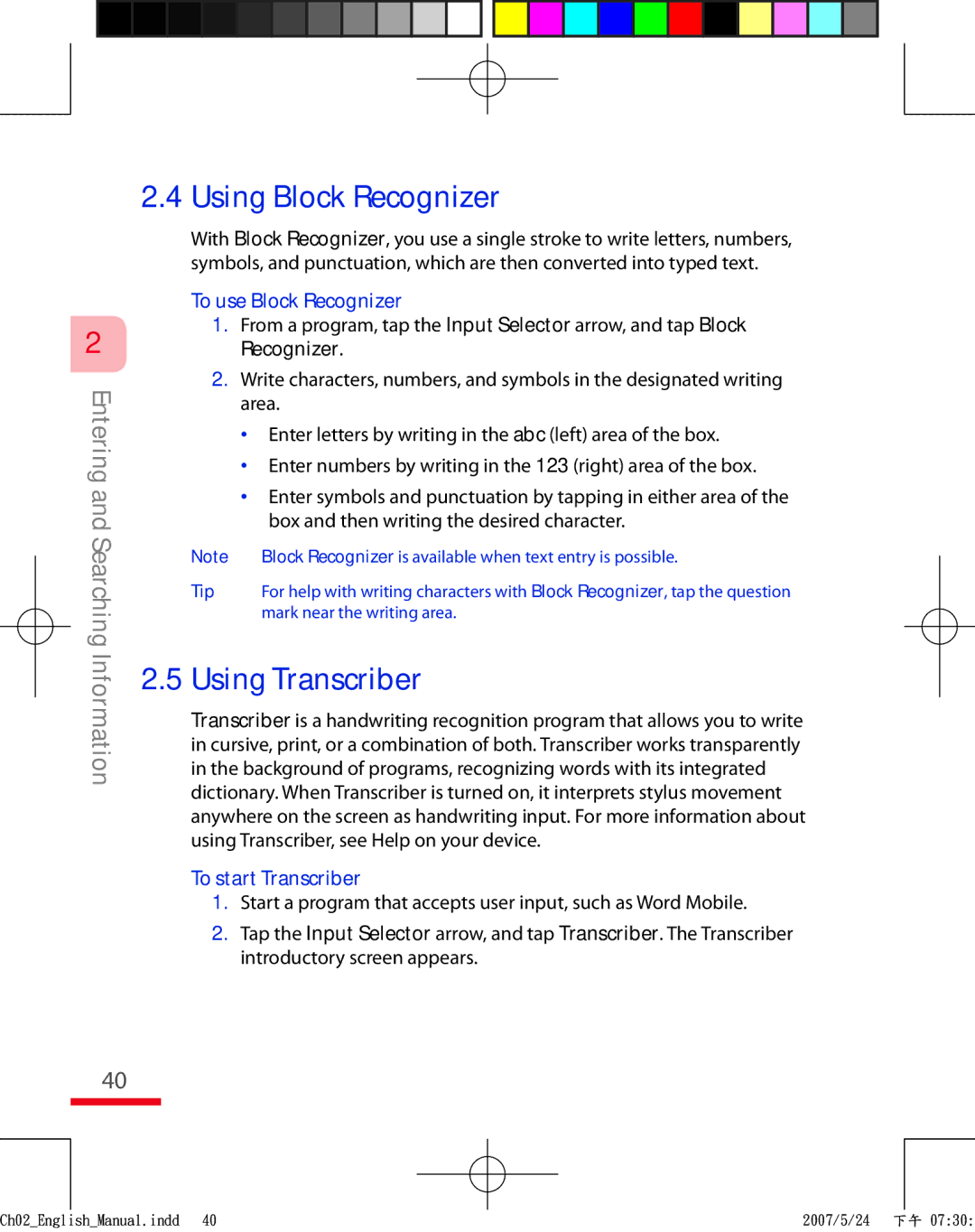 HTC TRIN100 user manual To use Block Recognizer, To start Transcriber 