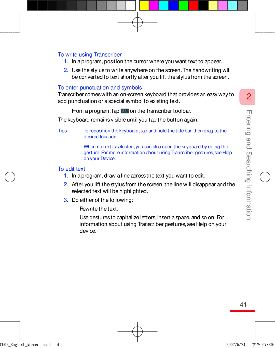 HTC TRIN100 user manual To write using Transcriber, To enter punctuation and symbols, To edit text 