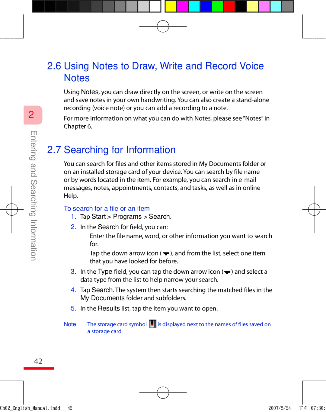 HTC TRIN100 Using Notes to Draw, Write and Record Voice Notes, To search for a file or an item, Tap Start Programs Search 