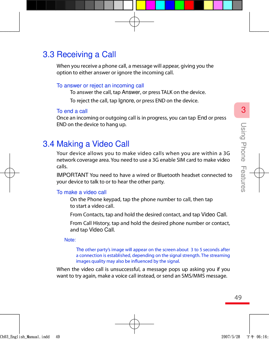 HTC TRIN100 user manual To answer or reject an incoming call, To end a call, To make a video call 