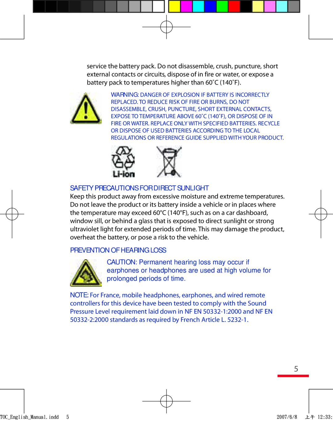 HTC TRIN100 user manual Prevention of Hearing Loss 