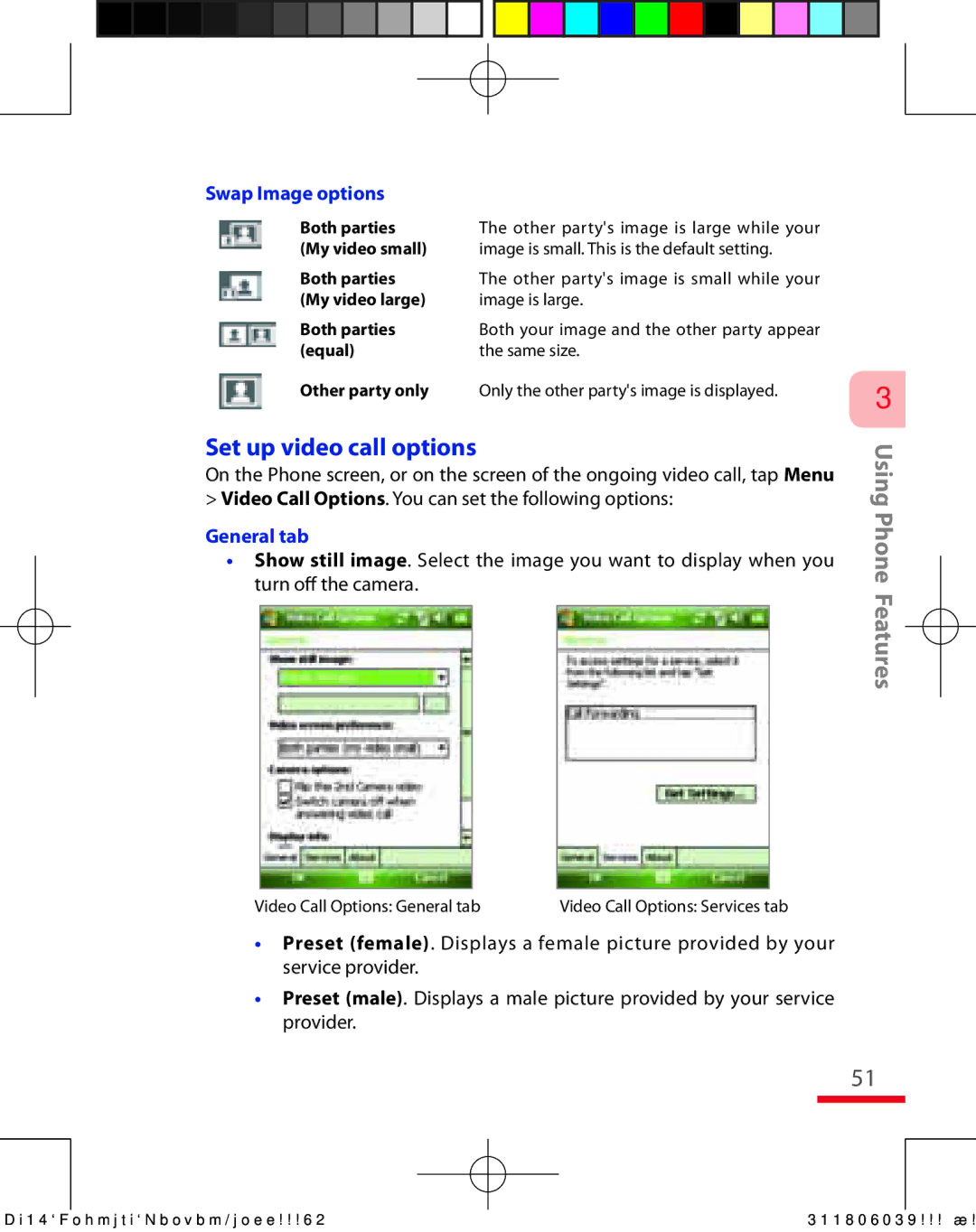 HTC TRIN100 user manual Set up video call options, Swap Image options, General tab 