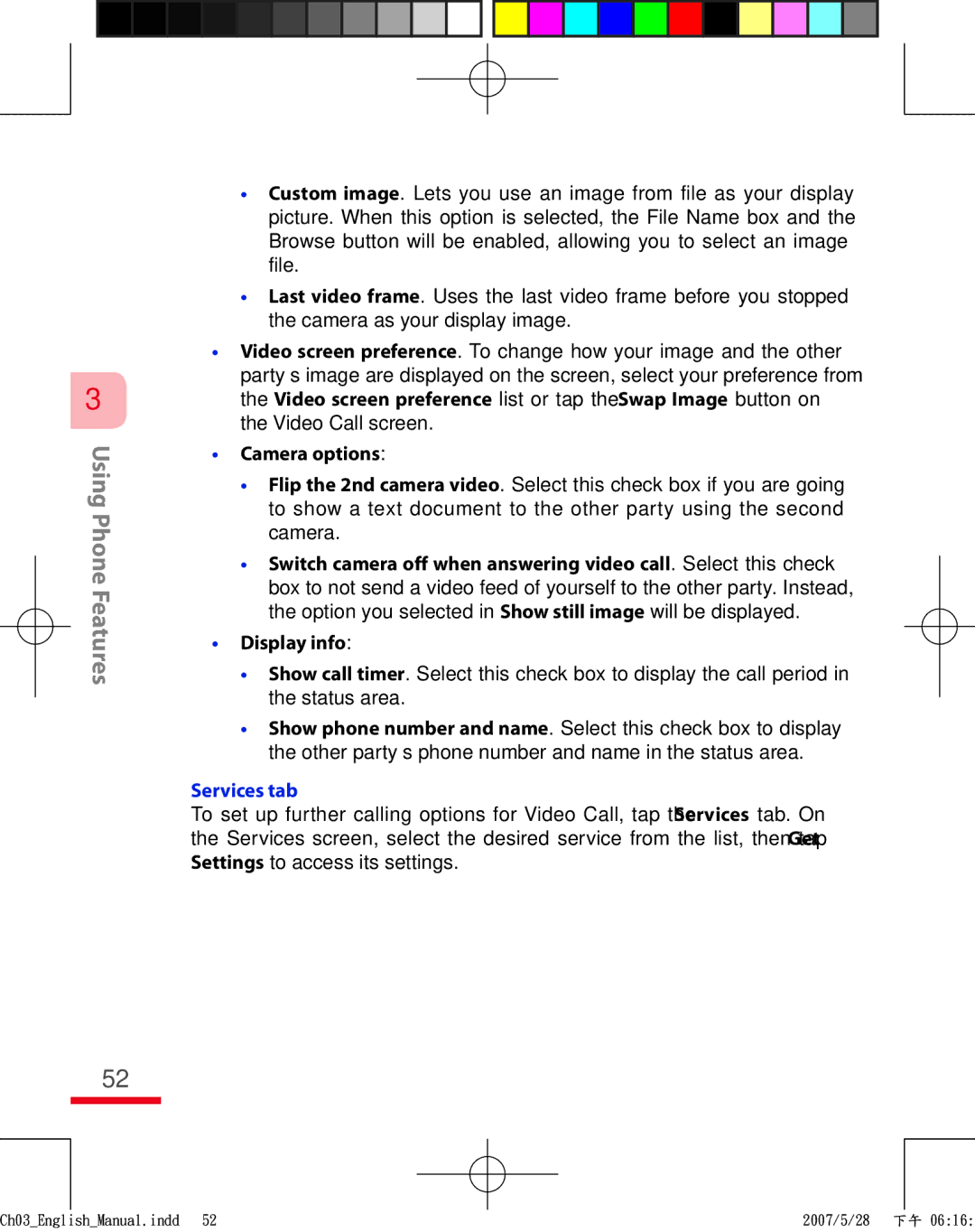 HTC TRIN100 user manual Camera options, Display info, Services tab 