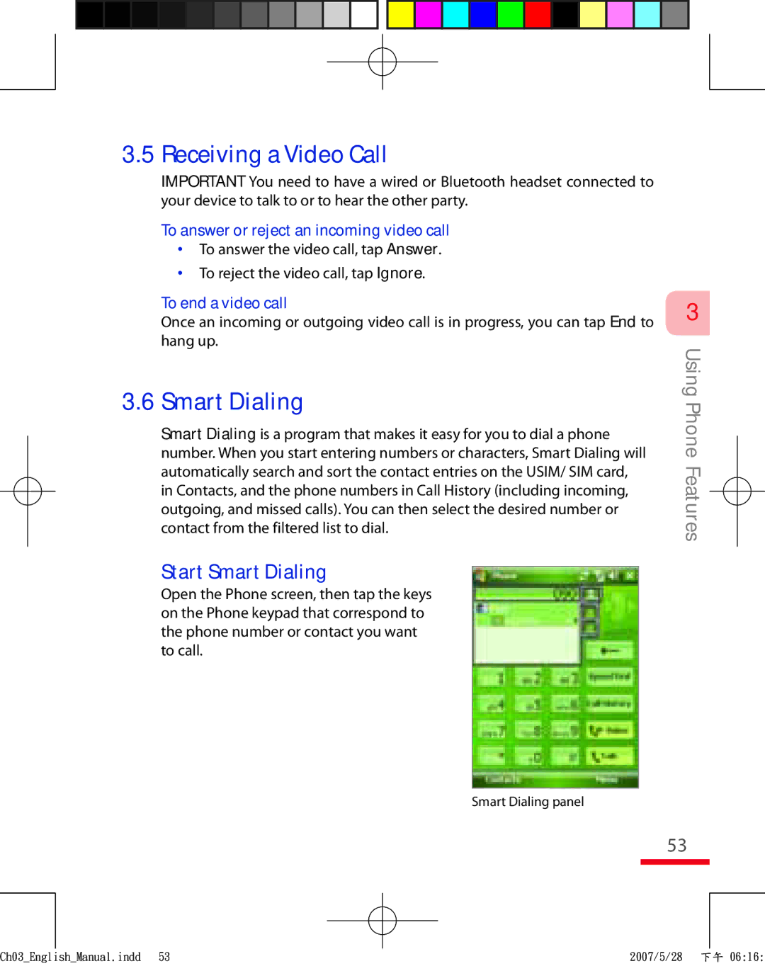 HTC TRIN100 user manual Start Smart Dialing, To answer or reject an incoming video call, To end a video call 