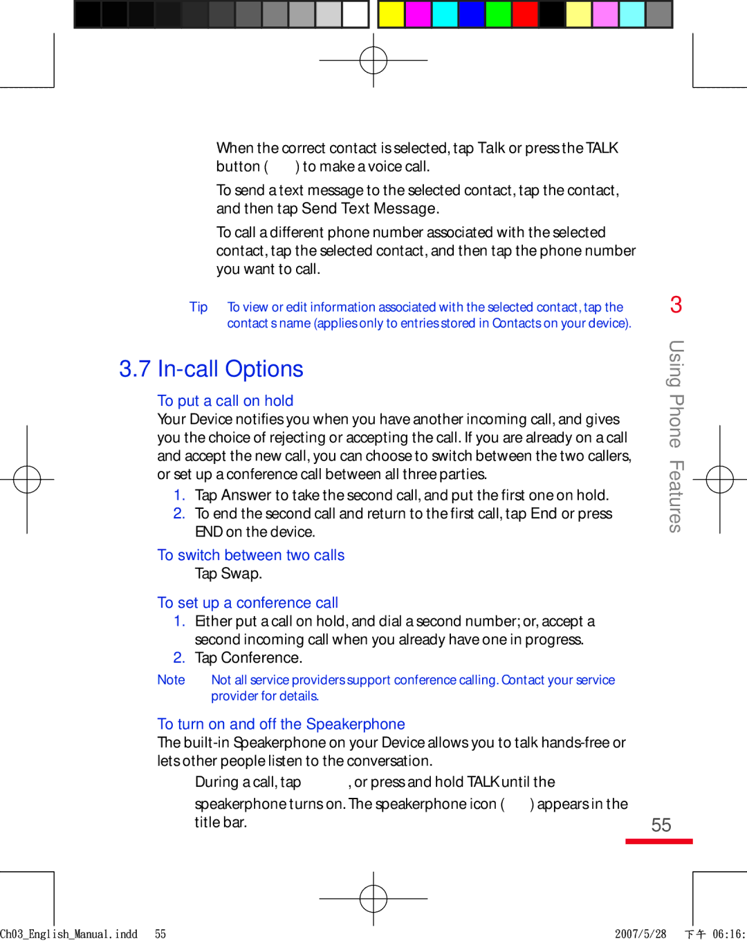 HTC TRIN100 user manual To put a call on hold, To switch between two calls, To set up a conference call, Tap Conference 