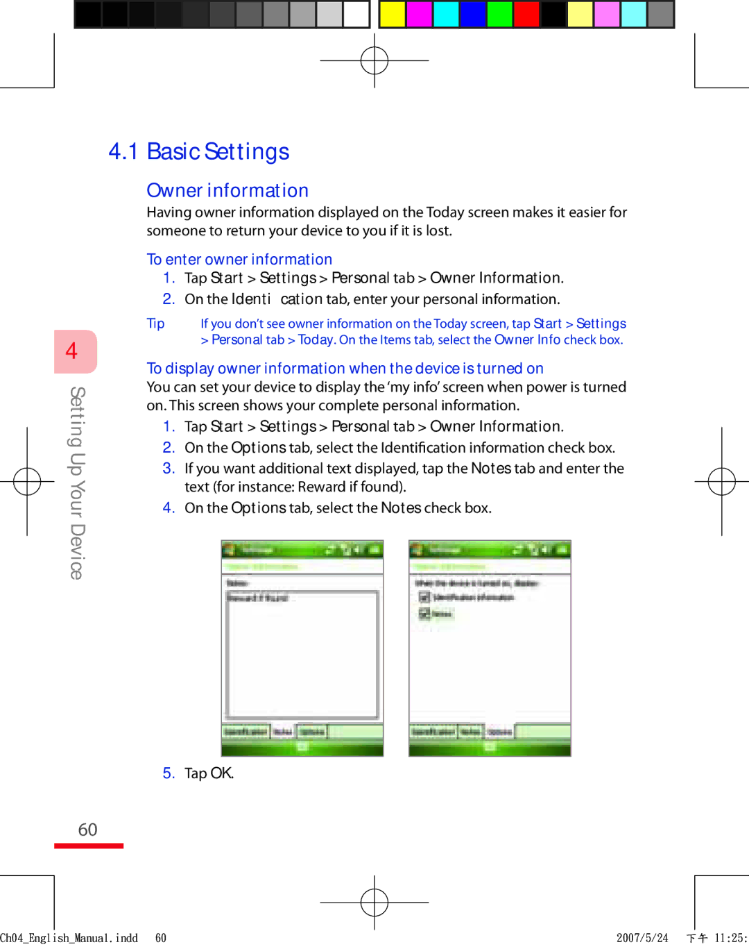 HTC TRIN100 user manual Basic Settings, Owner information, To enter owner information 