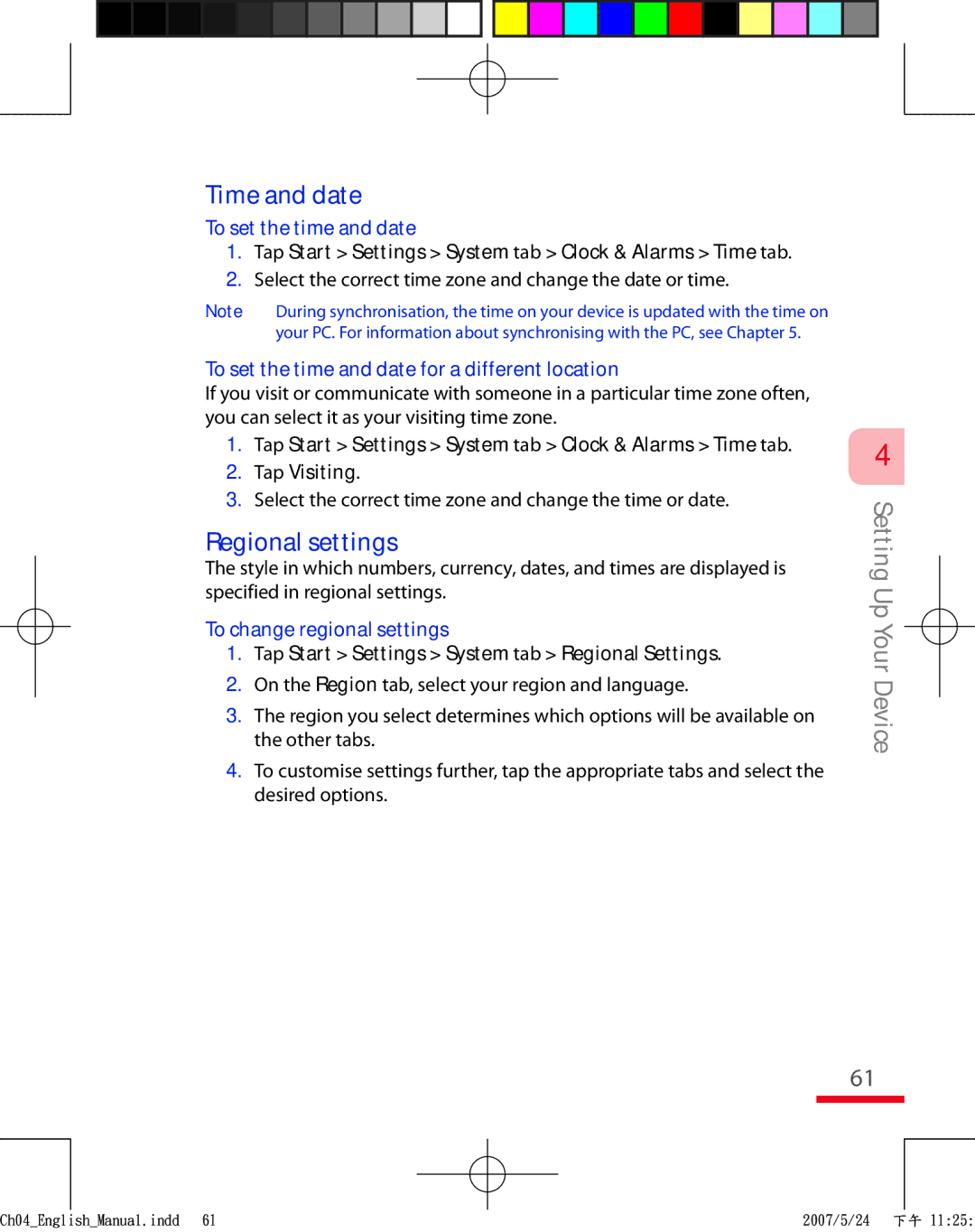 HTC TRIN100 user manual Time and date, Regional settings, To set the time and date for a different location 