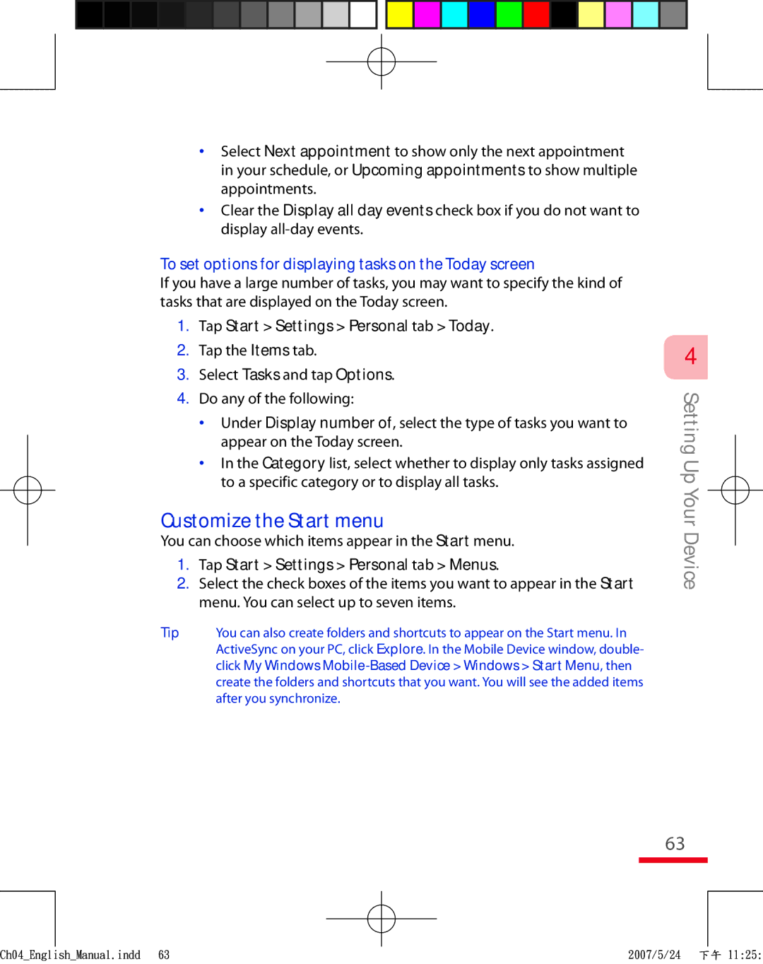 HTC TRIN100 user manual Customize the Start menu, To set options for displaying tasks on the Today screen 