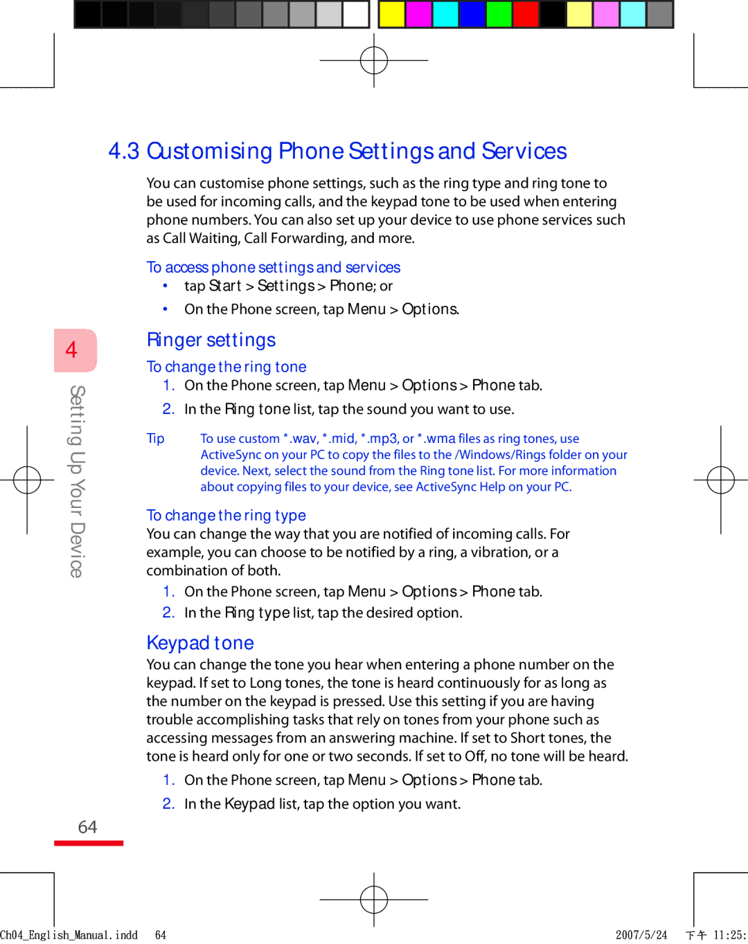 HTC TRIN100 user manual Ringer settings, Keypad tone, To access phone settings and services, To change the ring tone 