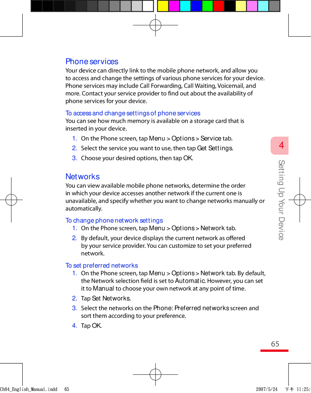 HTC TRIN100 Phone services, Networks, To access and change settings of phone services, To change phone network settings 