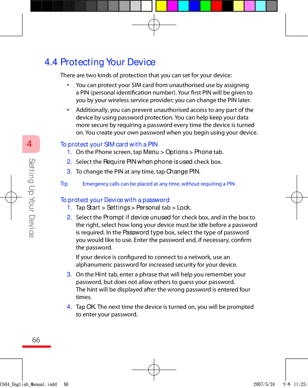 HTC TRIN100 user manual To protect your SIM card with a PIN, Select the Require PIN when phone is used check box 