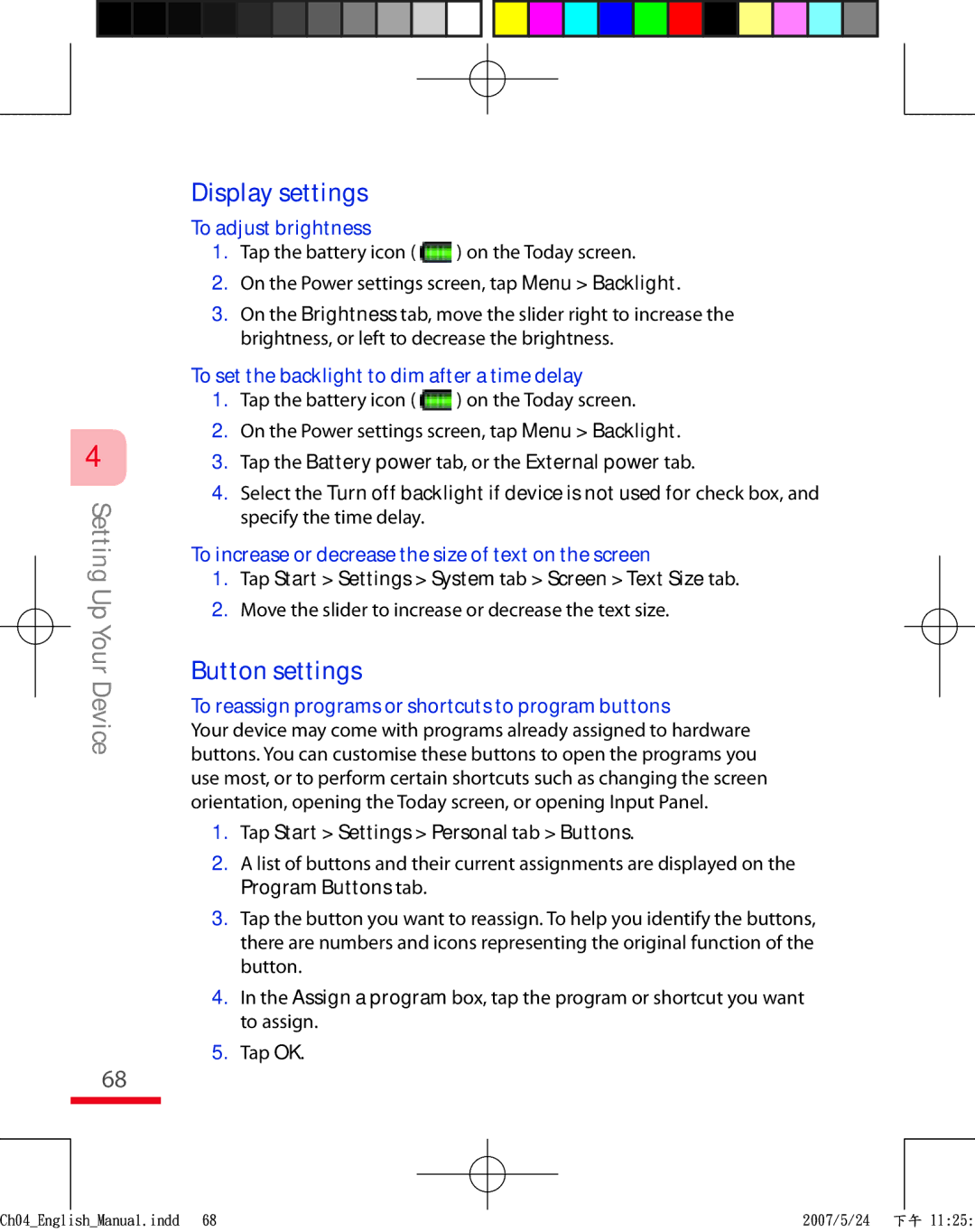 HTC TRIN100 user manual Display settings, Button settings 