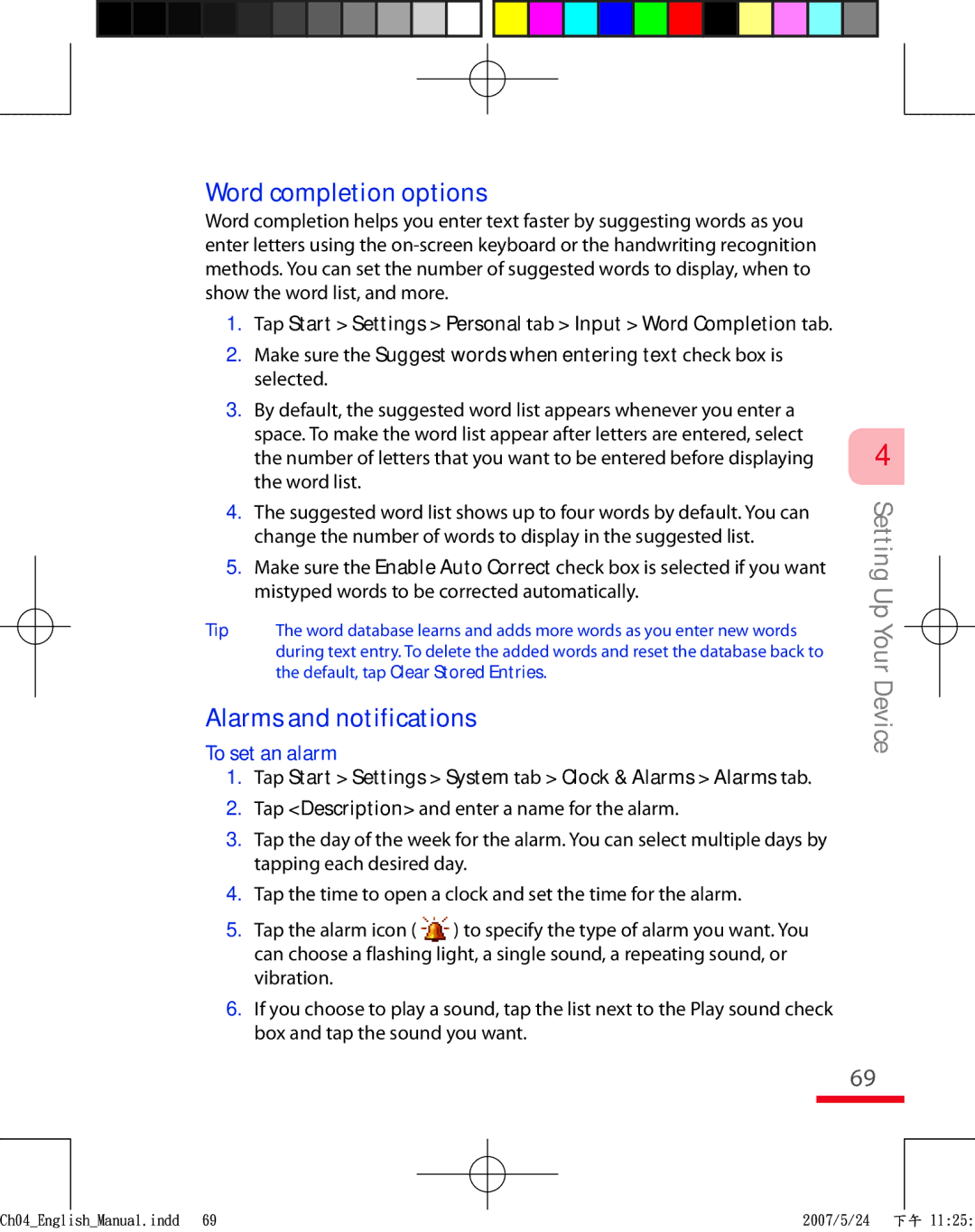 HTC TRIN100 user manual Word completion options, Alarms and notifications, To set an alarm 