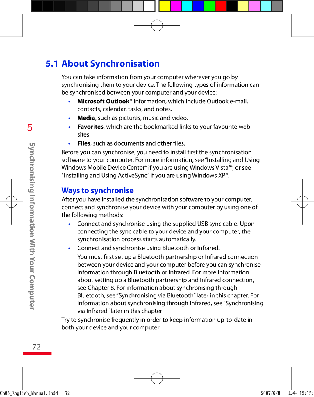 HTC TRIN100 user manual Ways to synchronise 