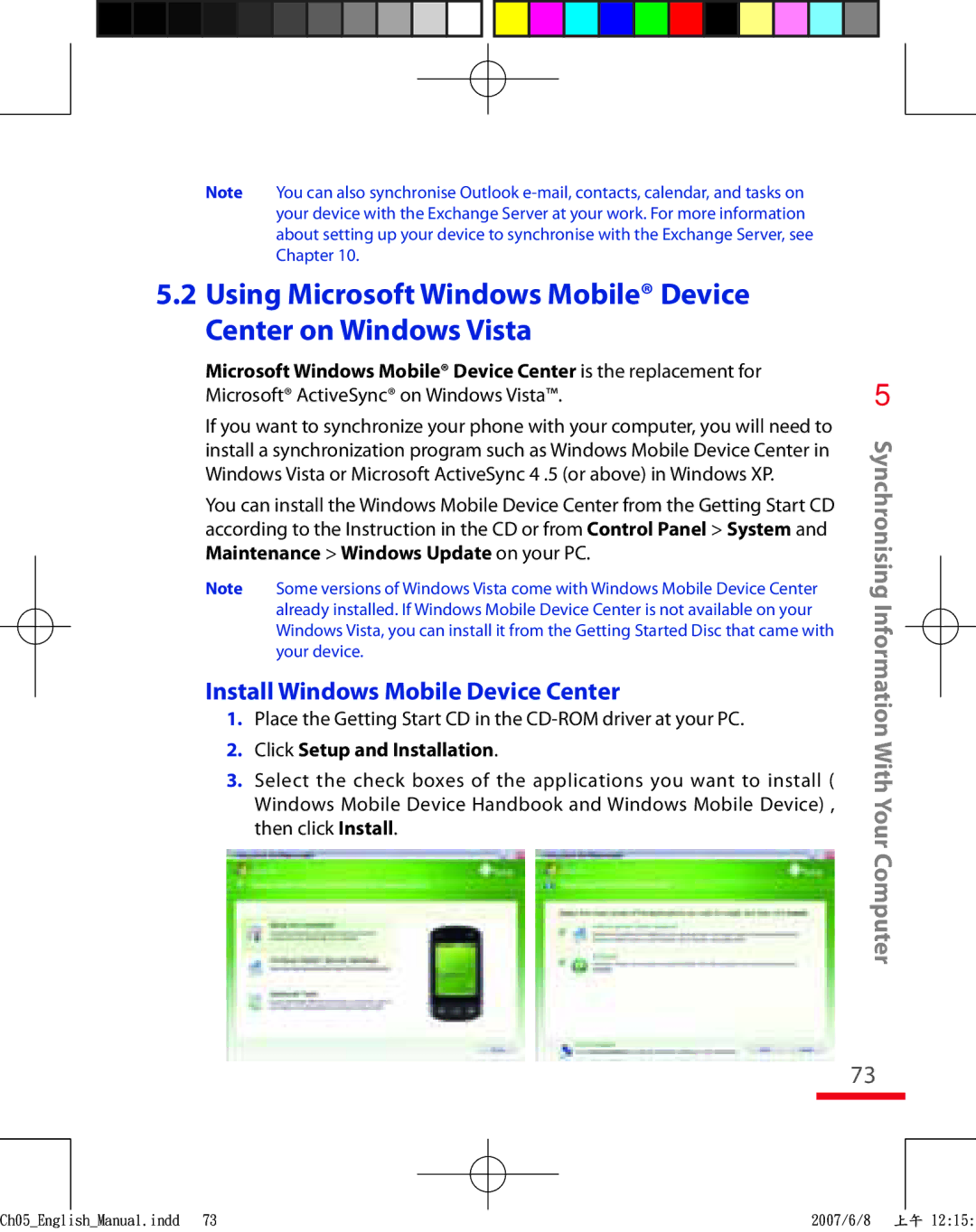 HTC TRIN100 user manual Install Windows Mobile Device Center, Place the Getting Start CD in the CD-ROM driver at your PC 