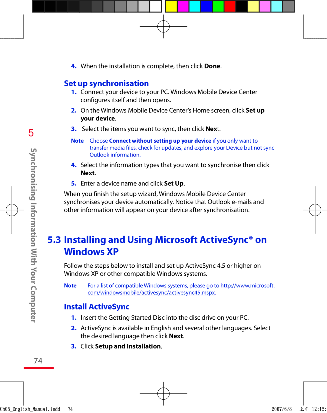 HTC TRIN100 user manual Installing and Using Microsoft ActiveSync on Windows XP, Set up synchronisation, Install ActiveSync 