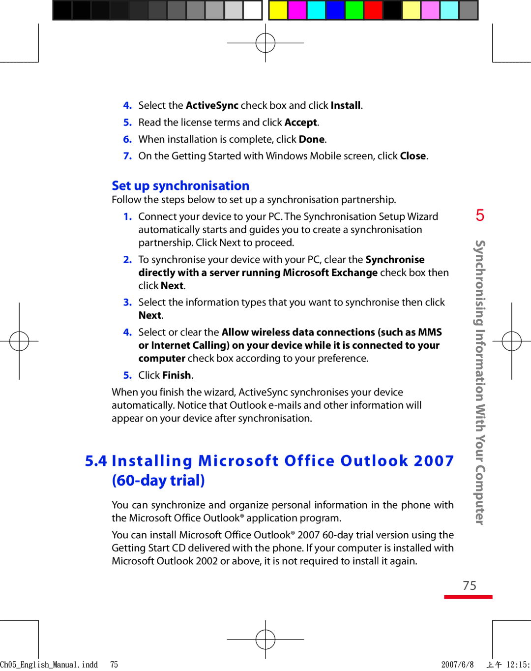 HTC TRIN100 user manual Installing Microsoft Office Outlook 2007 60-day trial 