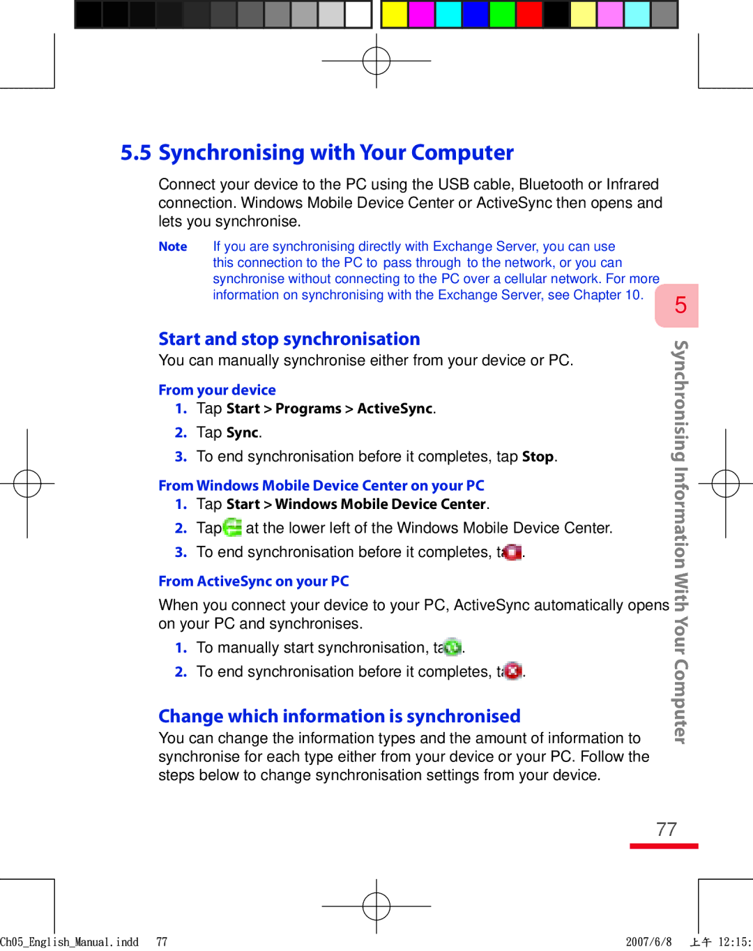 HTC TRIN100 Synchronising with Your Computer, Start and stop synchronisation, Change which information is synchronised 