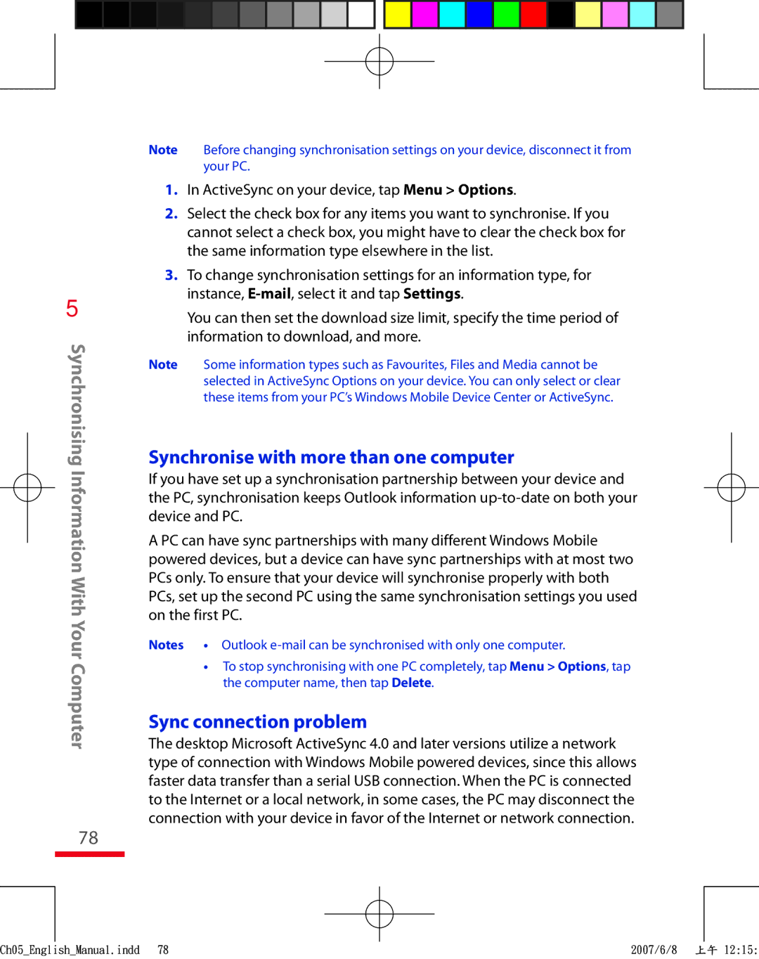 HTC TRIN100 user manual Synchronise with more than one computer, Sync connection problem 