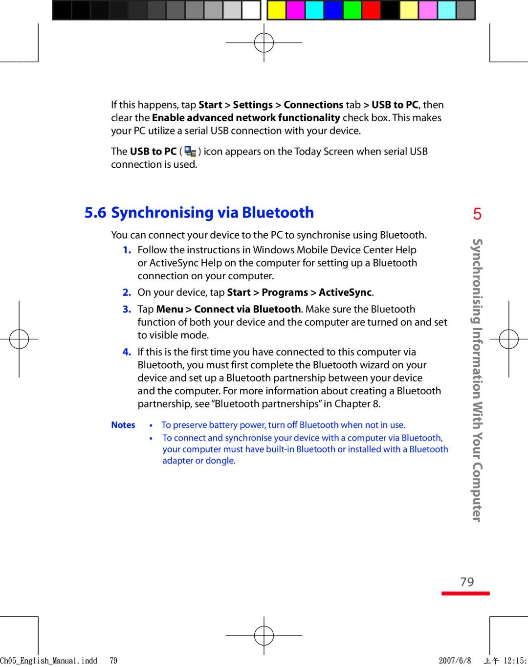 HTC TRIN100 user manual Synchronising via Bluetooth, On your device, tap Start Programs ActiveSync 