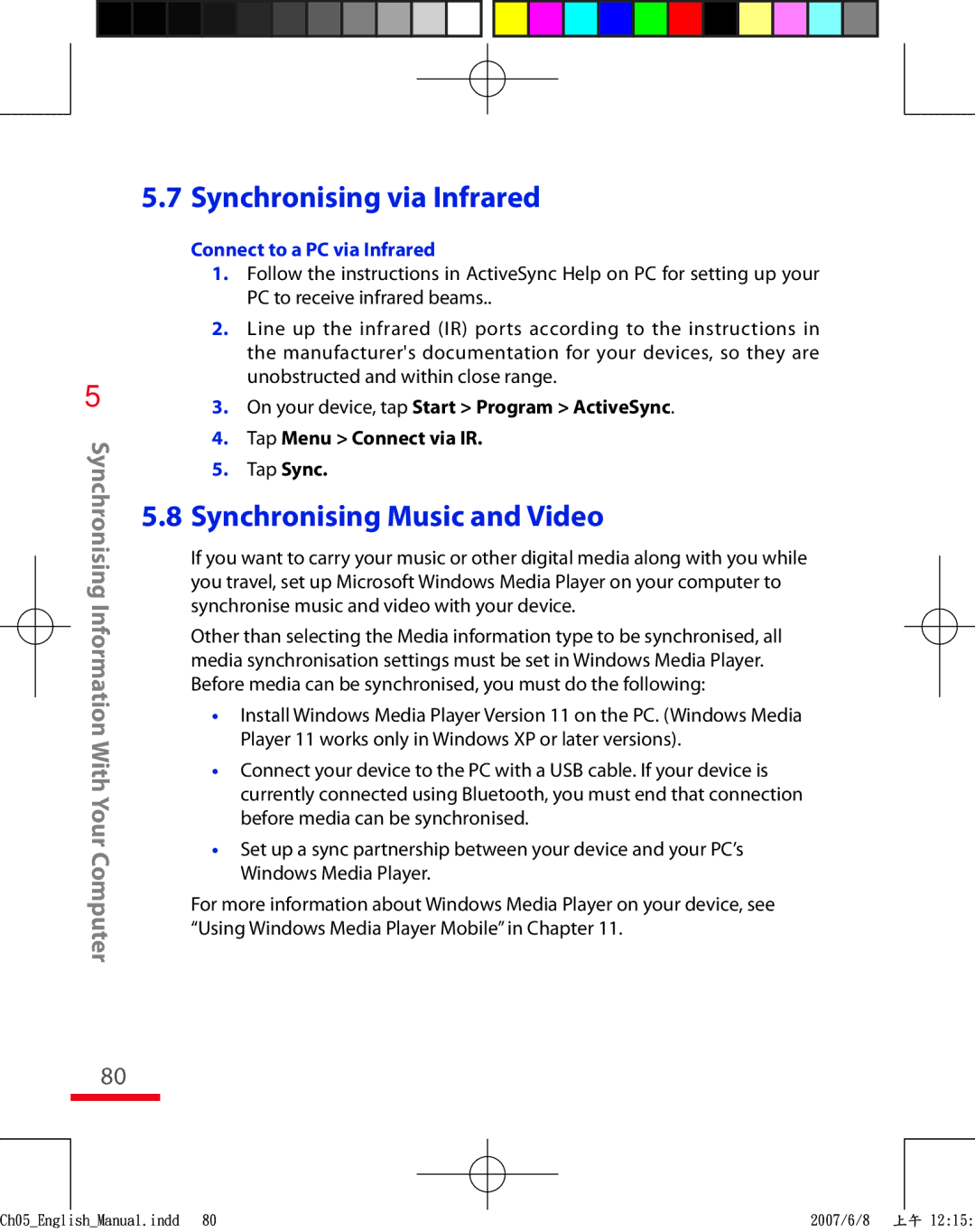 HTC TRIN100 user manual Synchronising Music and Video, Connect to a PC via Infrared 