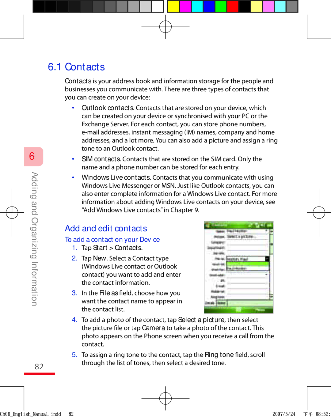 HTC TRIN100 user manual Add and edit contacts, To add a contact on your Device, Tap Start Contacts 