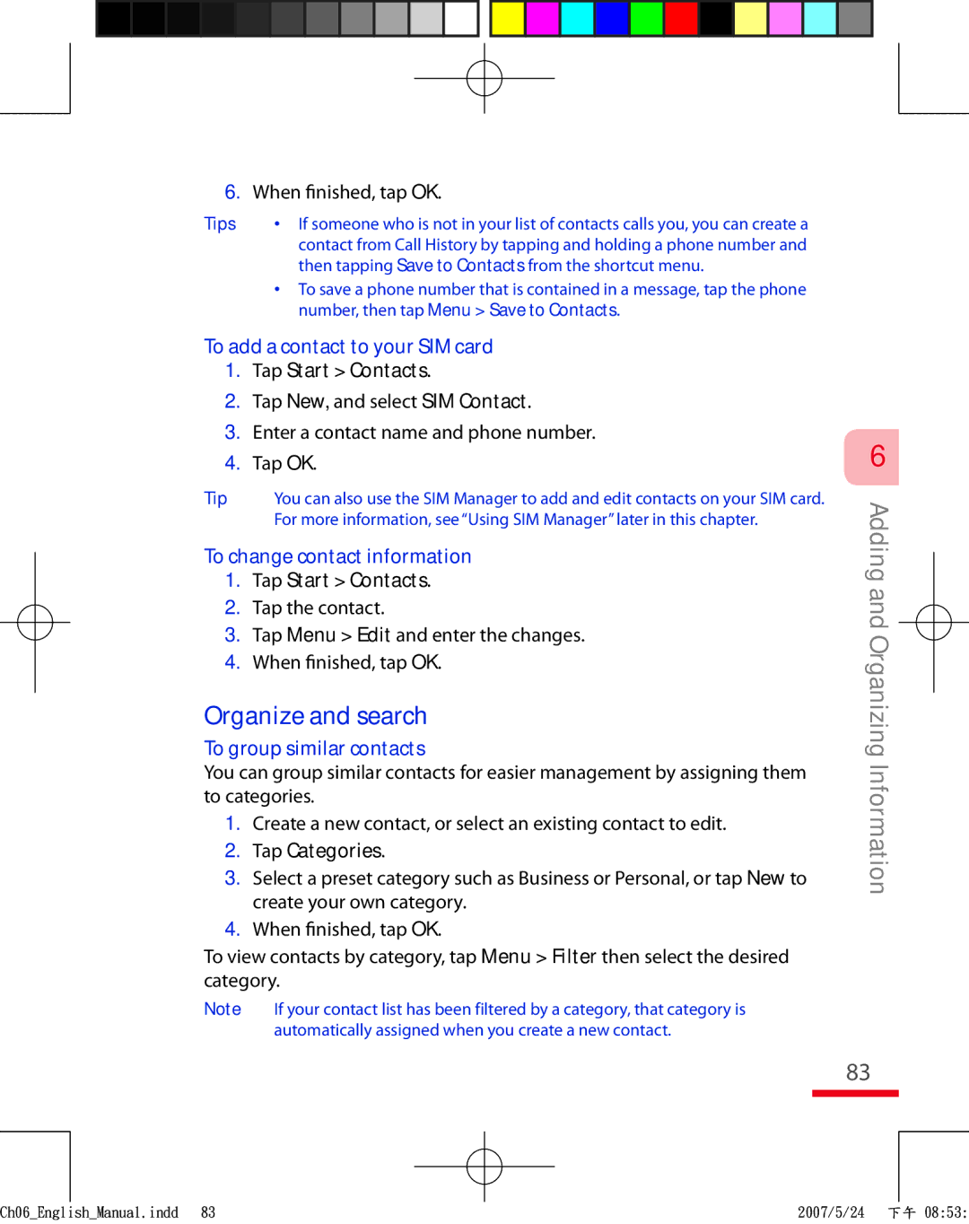 HTC TRIN100 Organize and search, To add a contact to your SIM card, To change contact information, Tap Categories 