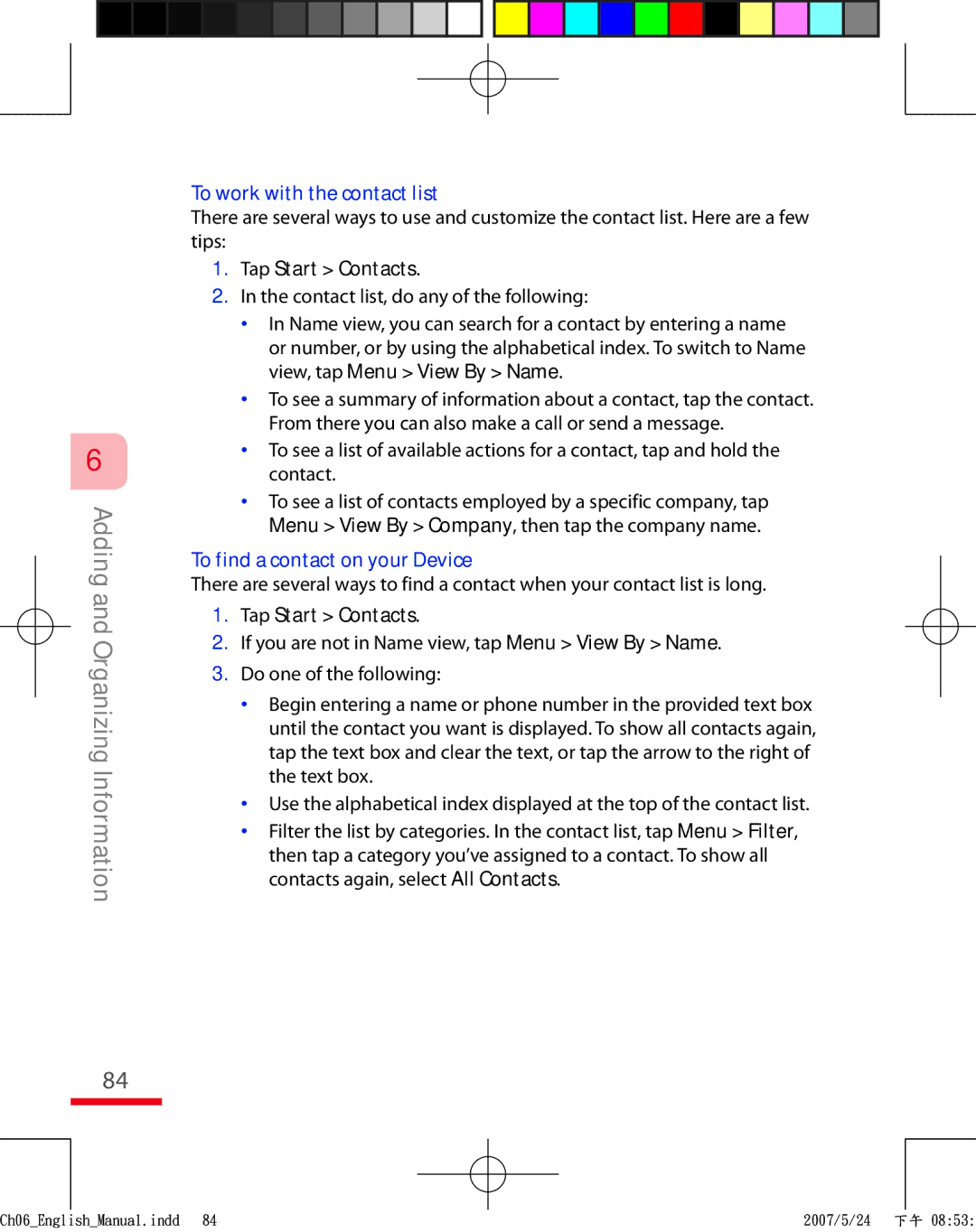 HTC TRIN100 user manual To work with the contact list, To find a contact on your Device 