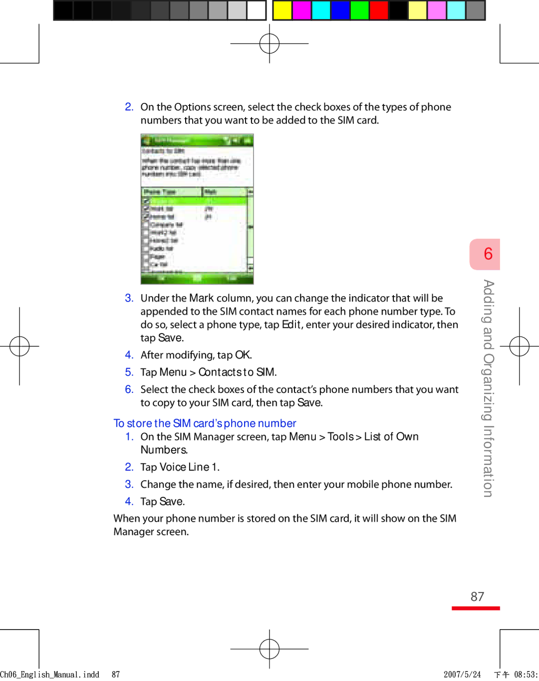 HTC TRIN100 user manual Tap Menu Contacts to SIM, To store the SIM card’s phone number, Tap Voice Line 