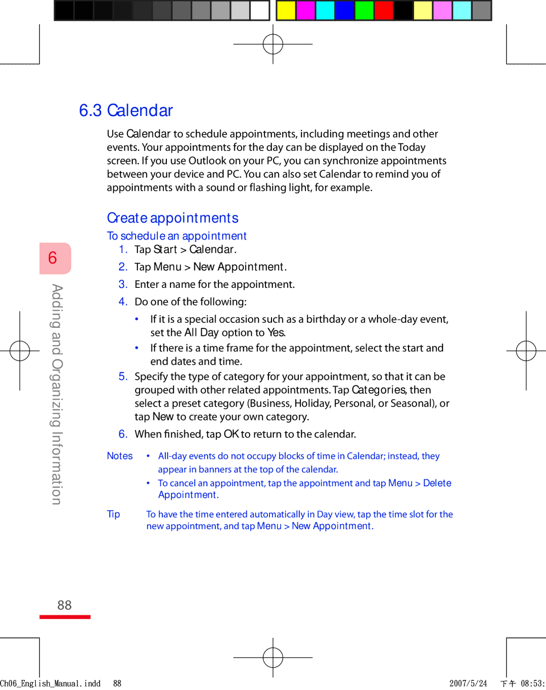 HTC TRIN100 user manual Create appointments, To schedule an appointment, Tap Start Calendar Tap Menu New Appointment 