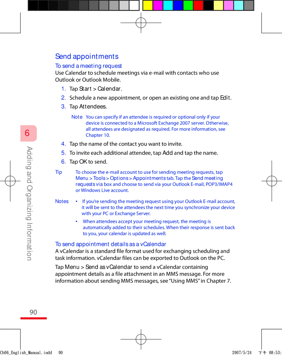 HTC TRIN100 user manual Send appointments, To send a meeting request, Tap Start Calendar, Tap Attendees 