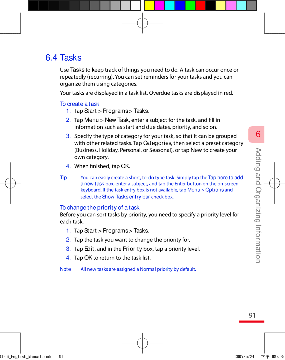 HTC TRIN100 user manual To create a task, Tap Start Programs Tasks, To change the priority of a task 