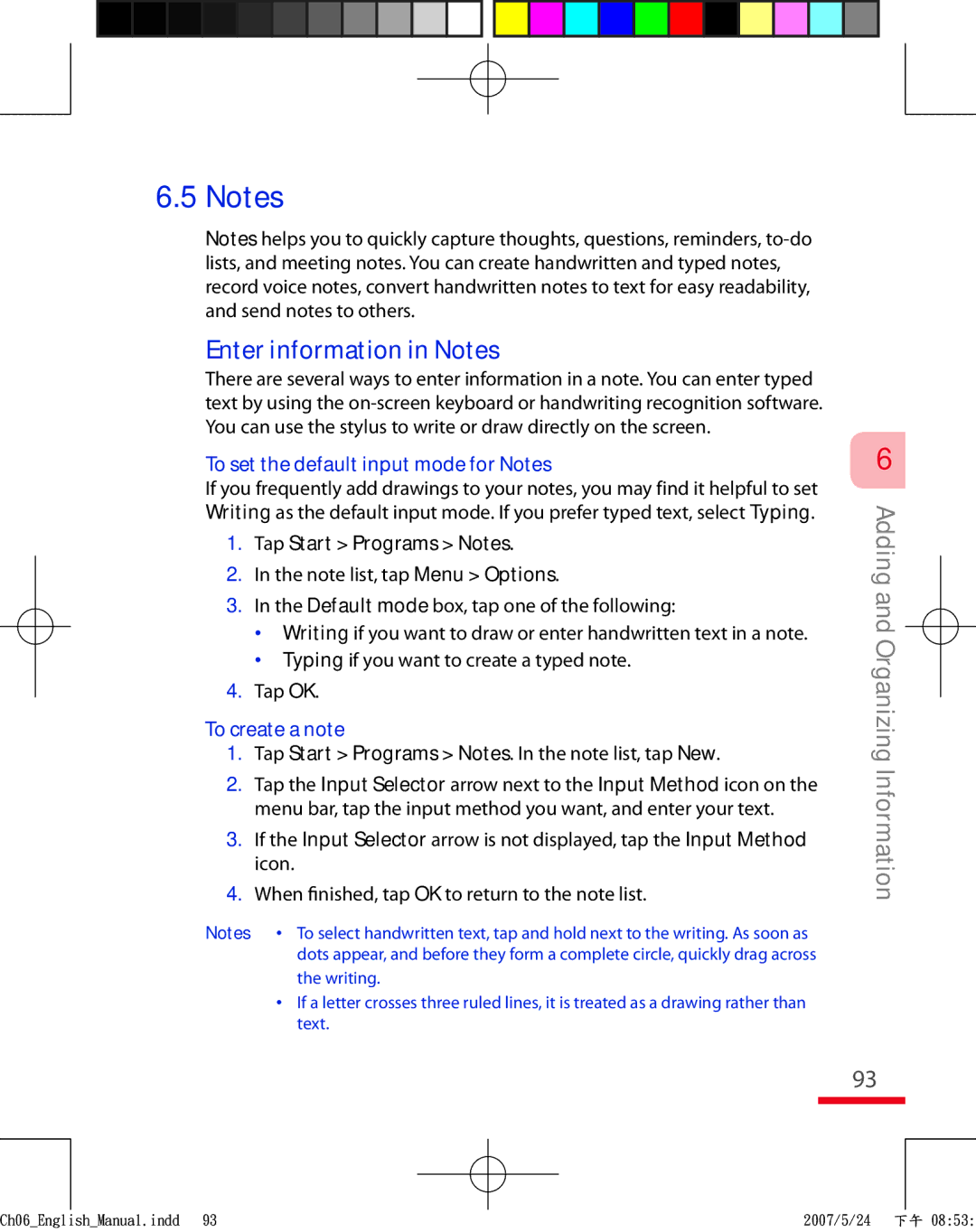 HTC TRIN100 user manual Enter information in Notes, To set the default input mode for Notes, Tap Start Programs Notes 