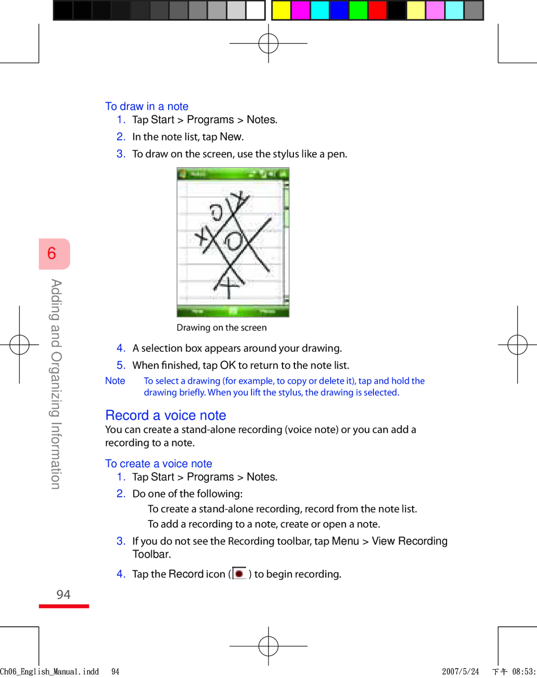 HTC TRIN100 user manual Record a voice note, To draw in a note, To draw on the screen, use the stylus like a pen 