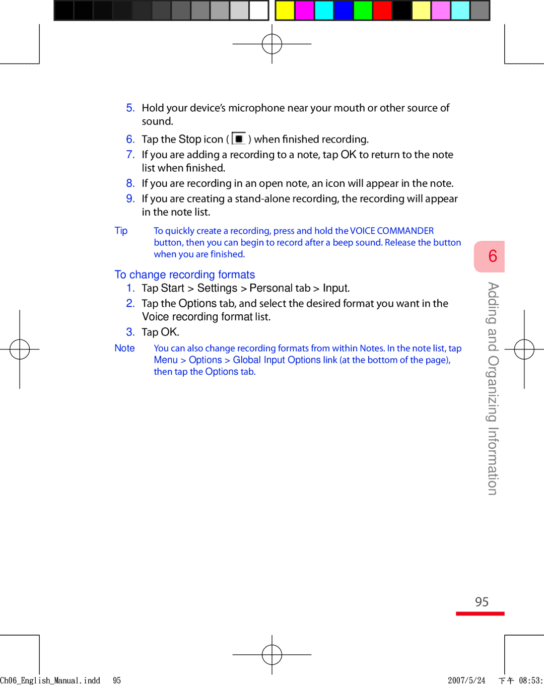 HTC TRIN100 user manual To change recording formats, Tap Start Settings Personal tab Input 