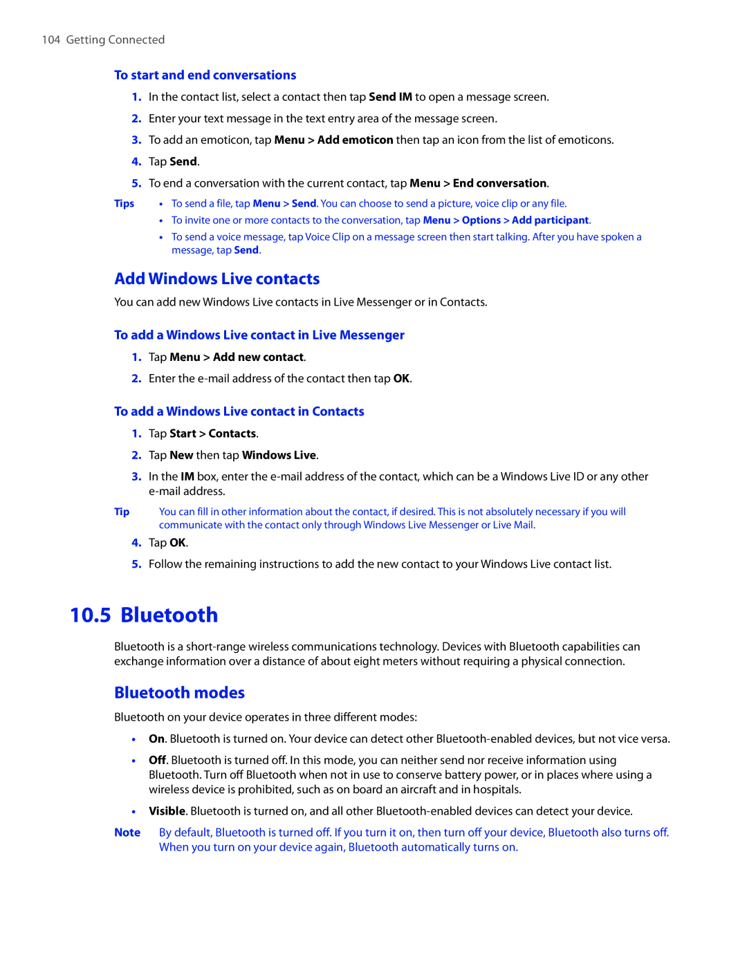 HTC VOGU100 user manual Add Windows Live contacts, Bluetooth modes 
