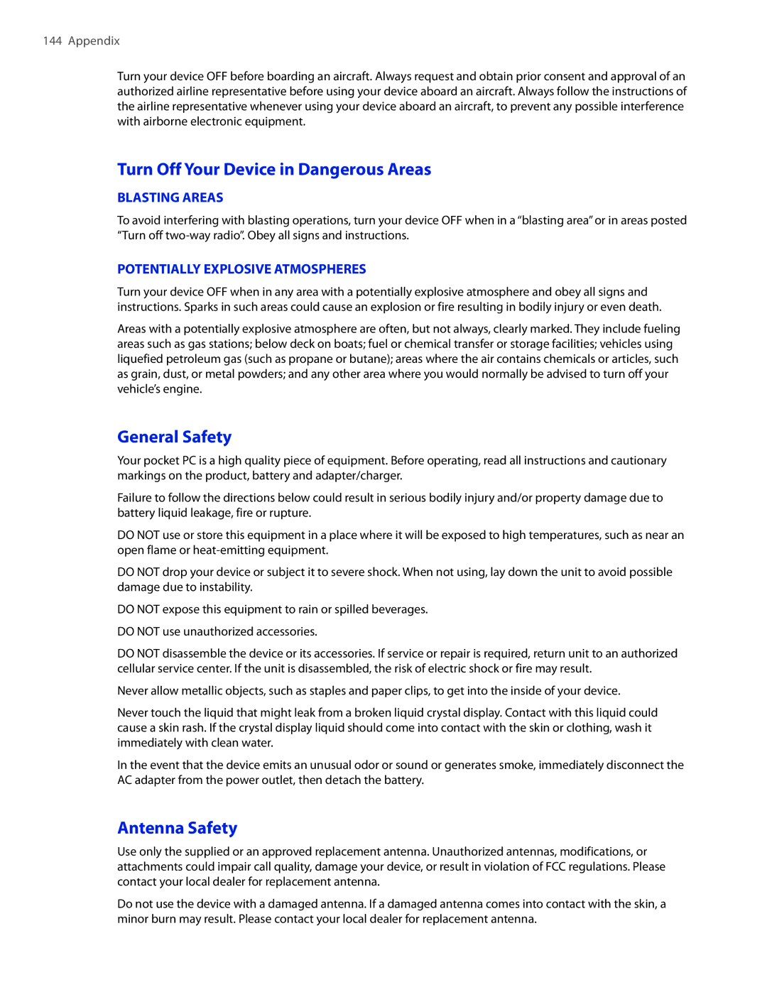 HTC VOGU100 user manual Turn Off Your Device in Dangerous Areas, General Safety, Antenna Safety 