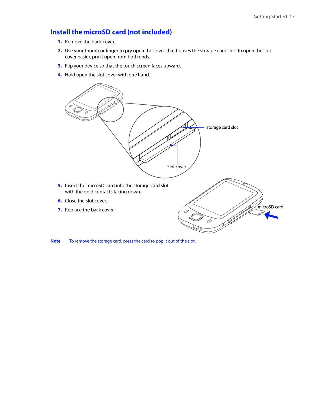 HTC VOGU100 user manual Install the microSD card not included 