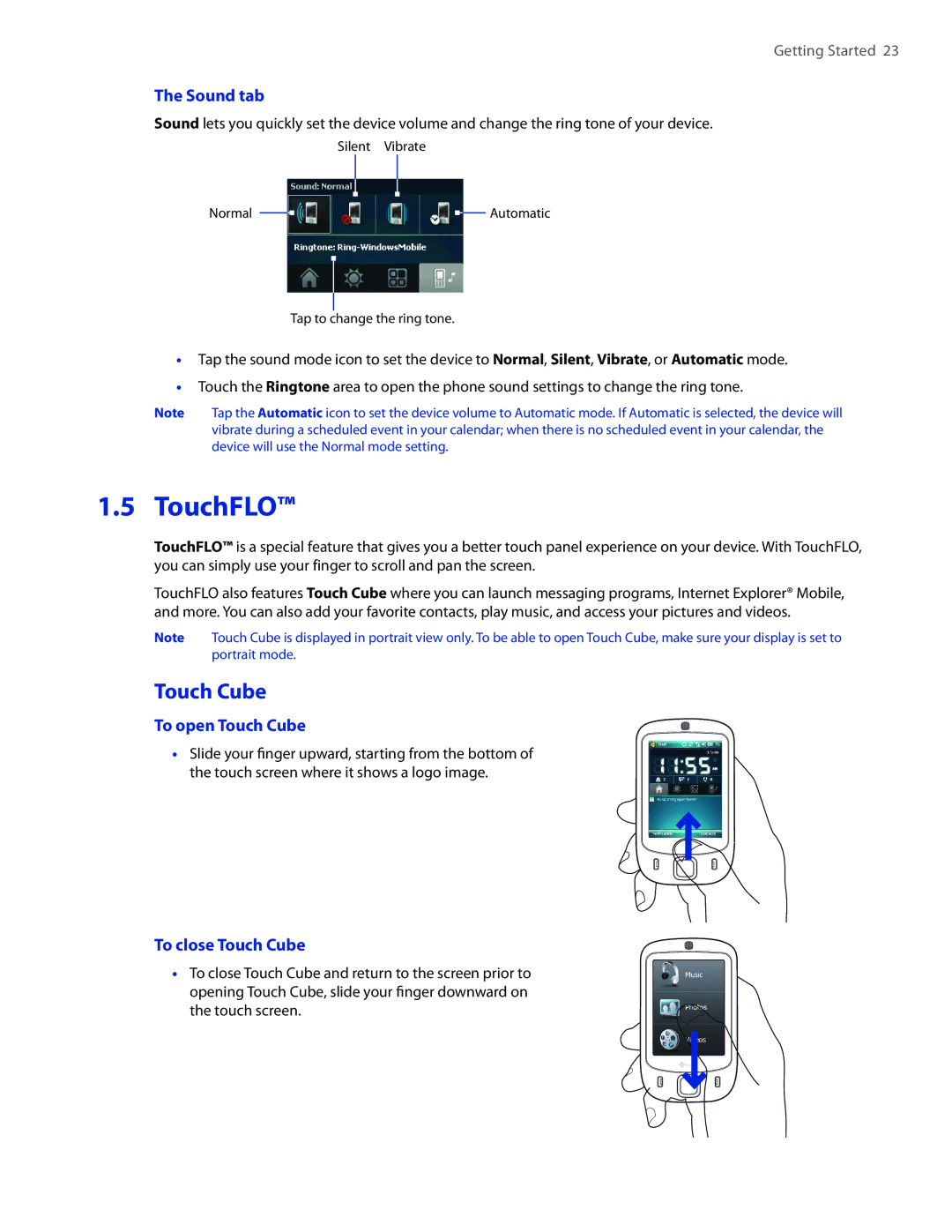 HTC VOGU100 user manual TouchFLO, Sound tab, To open Touch Cube, To close Touch Cube 